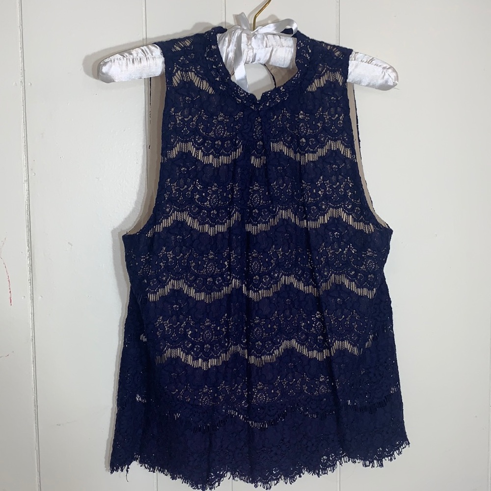 Navy and tan lace mock neck top